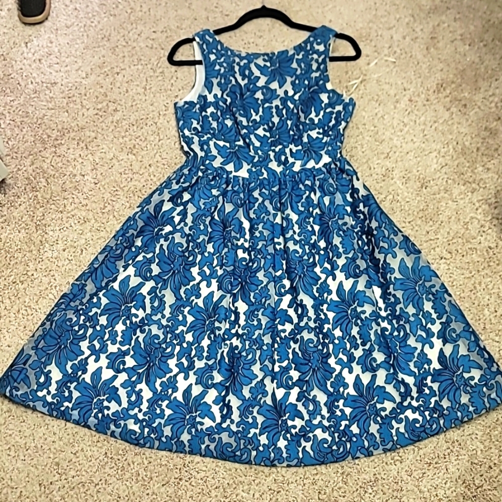 Champagne and strawberry embroidered blue flare dress